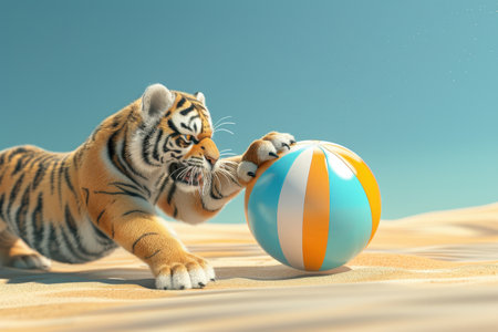 A cartoon tiger is playing with a beach ball on a sandy beach. The tiger is standing on the sand and reaching for the ball. The scene is playful and lightheartedの素材