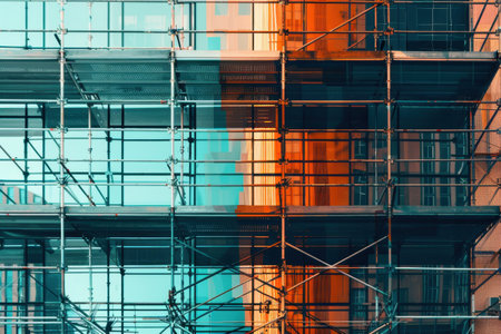 A building with scaffolding and a blue and orange color scheme. The blue and orange colors create a sense of contrast and tensionの素材