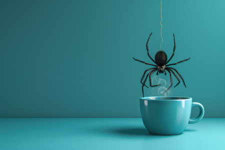 A spider is hanging from a string above a cup of coffee. The spider is orange and he is trying to catch the coffee. The image has a playful and whimsical mood, as it is not a realistic sceneの素材