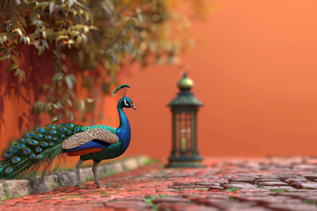 A blue and green peacock stands in front of a lantern. The lantern is black and has a green handle. The peacock is the main focus of the image, and it is standing on a brick surfaceの素材