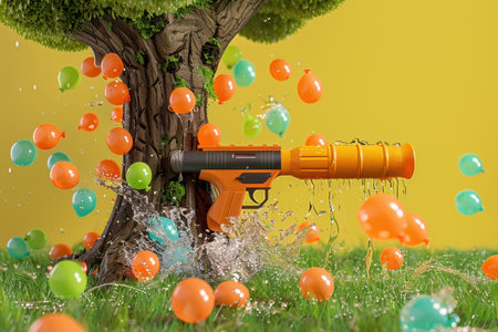 A tree is surrounded by a bunch of balloons and a toy gun. The toy gun is orange and has a black barrelの素材