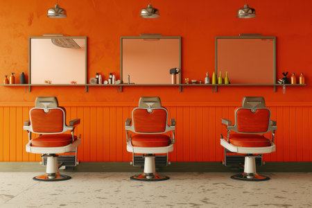A barbershop with three chairs and a mirror. The chairs are orange and whiteの素材