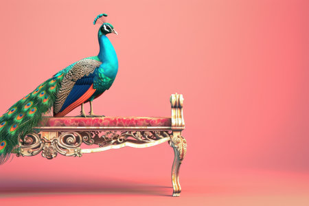 A bench with a peacock sitting on it. The peacock is the main focus of the image, and it is surrounded by the bench and the yellow wall. The image has a peaceful and serene moodの素材