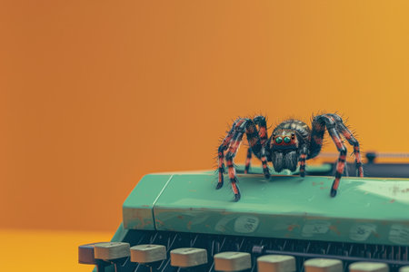 A spider is sitting on top of a typewriter. The spider is black and red with a yellow backgroundの素材