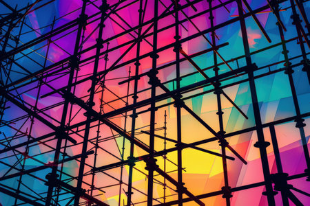 A colorful building with scaffolding on it. The scaffolding is made of metal and is in different colors. The building is tall and has a modern lookの素材