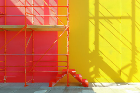 A colorful wall with scaffolding and a ladder. The wall is painted in different colors, and the scaffolding is yellowの素材
