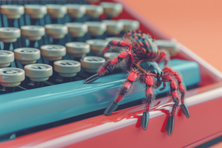 A red spider is sitting on top of a typewriter. The spider is on the keyboard and the letters are visibleの素材
