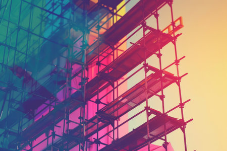 A colorful building with scaffolding on it. The scaffolding is made of metal and is in different colors. The building is tall and has a modern lookの素材