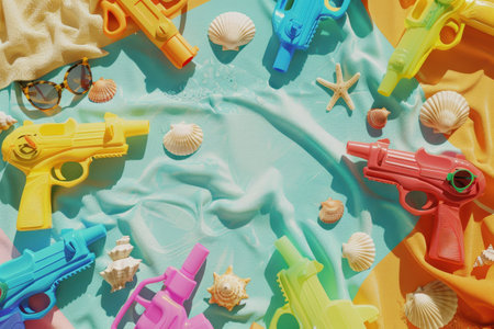 A colorful array of plastic guns are scattered on a beach towel. The scene is playful and lighthearted, with the guns and shells creating a fun and whimsical atmosphereの素材