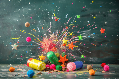 A colorful explosion of confetti and pom poms is scattered across a green table. The scene is lively and festive, with a sense of joy and celebrationの素材