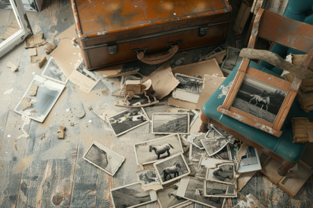 A pile of old photographs and a suitcase are scattered on the floor. The suitcase is brown and has a handle. The scene gives off a sense of nostalgiaの素材