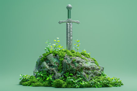 A sword is on a rock with green grass. The sword is old and rustedの素材