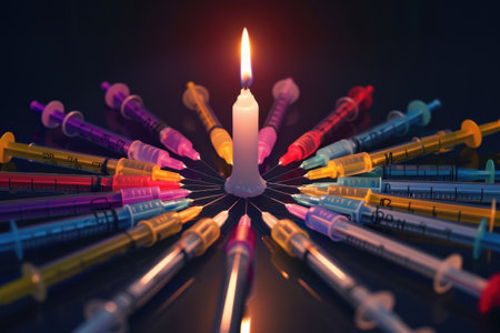 A candle is lit in the middle of a bunch of syringes. The syringes are of different colors and sizes. Concept of danger and caution, as the lit candle is surrounded by sharpの素材