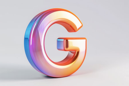 The letter G is made of glass and is in a rainbow color. It is a large and bold letter that stands out against the white backgroundの素材