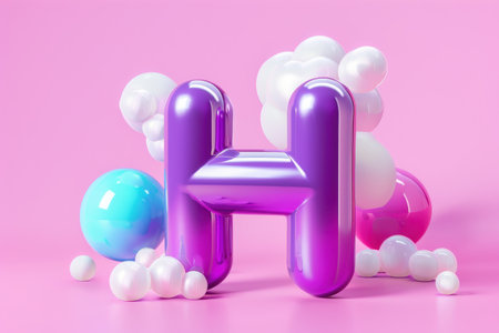 A purple and white letter H with a bunch of colorful balls surrounding it. The balls are scattered around the letter, creating a playful and whimsical atmosphere. The combination of the letterの素材