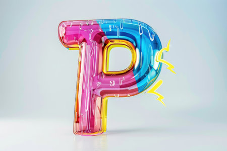 A large, colorful letter P is floating in the air. The letter is made of shiny, metallic material and he is dripping with a liquid substance. Scene is whimsical and playfulの素材