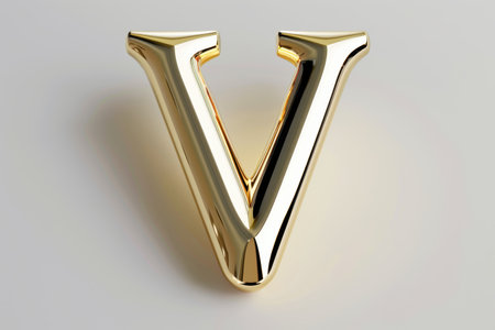 A gold letter V is shown in a close up. The letter is shiny and has a unique shapeの素材