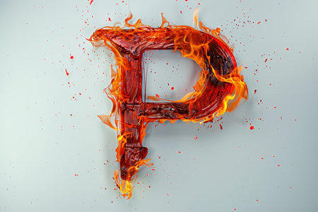 The letter P is made of fire and is surrounded by flames. The letter is orange and has a sharp point at the bottomの素材