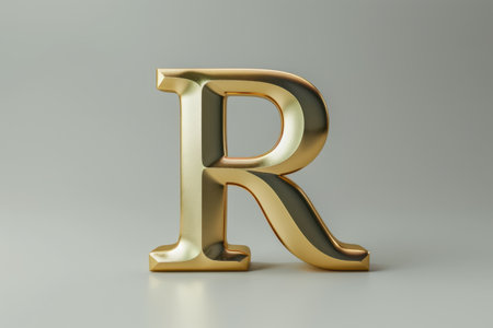 The letter R is made of gold and has a shiny, metallic appearance. It is a large, bold letter that stands out against the white background. The gold color gives the letter a luxurious and elegant feelの素材