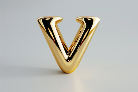 A gold letter V is shown in a close up. The letter is shiny and has a unique shapeの素材
