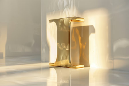 A gold letter I is sitting on a white floor. The letter is surrounded by a shadow, which adds depth and dimension to the image. The gold color of the letter contrasts with the white backgroundの素材