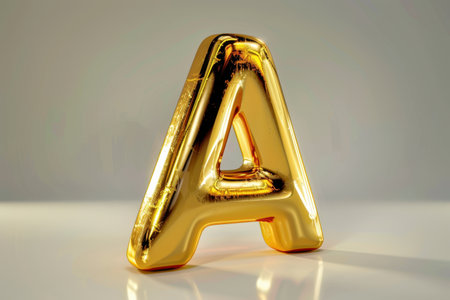 A gold letter A with a curved line on the bottom. The letter is shiny and stands out against the gray backgroundの素材