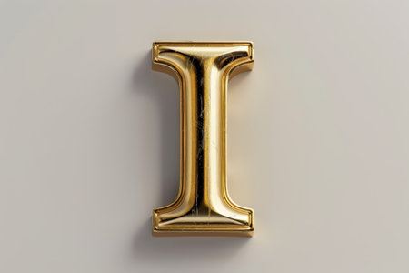 A gold letter I is sitting on a white floor. The letter is surrounded by a shadow, which adds depth and dimension to the image. The gold color of the letter contrasts with the white backgroundの素材
