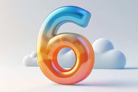A large number 6 is shown in a bright orange and blue color. The number is surrounded by a cloud, giving the impression of a playful and whimsical atmosphereの素材