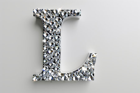 A diamond shaped letter L is on a white fabric. The letter is surrounded by a lot of diamonds, giving it a sparkling and elegant appearance. Concept of luxury and sophistication with Generative AIの素材