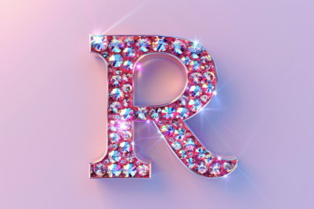 A shiny pink letter R with diamonds on it. The letter is surrounded by a clear border. The diamonds are scattered throughout the letter, giving it a sparkling and elegant appearance with Generative AIの素材