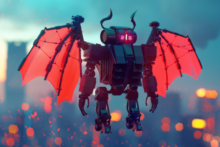 A robot with red wings is flying over a city. The robot is equipped with a camera and a microphone with Generative AIの素材