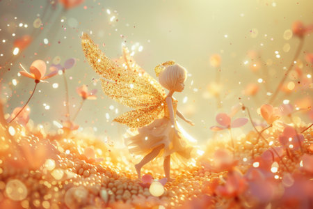 A fairy statue is sitting on a bed of flowers. The fairy statue is smiling and he is praying with Generative AIの素材