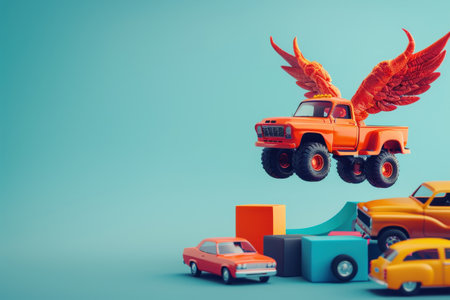 A monster truck with a dragon on its side is flying through a city. The scene is chaotic and full of cars, with some of them being small and others being larger. Scene is intense and exciting with Generative AIの素材