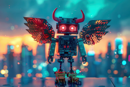 A robot with red wings is flying over a city. The robot is equipped with a camera and a microphone with Generative AIの素材