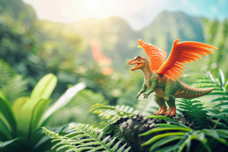 A small dinosaur with an orange wing is standing on a leafy green forest floor. The scene is peaceful and serene, with the dinosaur blending in with its surroundings with Generative AIの素材