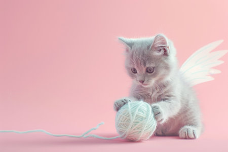 A kitten with wings is playing with a ball of yarn. The kitten is orange and has blue eyes with Generative AIの素材