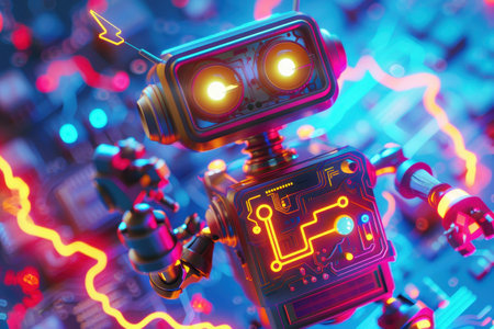 A robot with glowing eyes stands in front of a circuit board. The robot is surrounded by a blue and white background with a lot of electrical sparks. Concept of technology and futuristic energy with Generative AIの素材