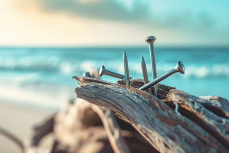 A pile of nails on a log on a beach. The nails are scattered and some are sticking out of the log. The image has a mood of being abandoned and forgotten with Generative AIの素材