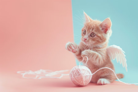 A kitten with wings is playing with a ball of yarn. The kitten is orange and has blue eyes with Generative AIの素材