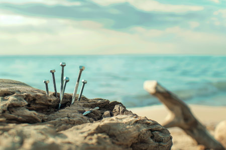 A pile of nails on a log on a beach. The nails are scattered and some are sticking out of the log. The image has a mood of being abandoned and forgotten with Generative AIの素材