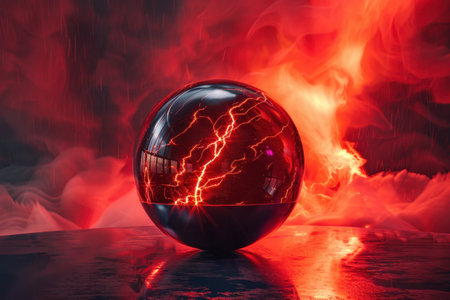 A red and black ball with a lightning bolt on it. The ball is surrounded by smoke and fire, giving the impression of a fiery explosion with Generative AIの素材