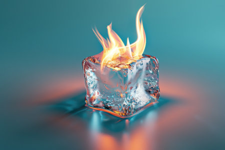 A cube of ice with a flame on top of it. The image has a surreal and dreamlike quality to it, with the ice and fire creating a sense of wonder and mystery with Generative AIの素材