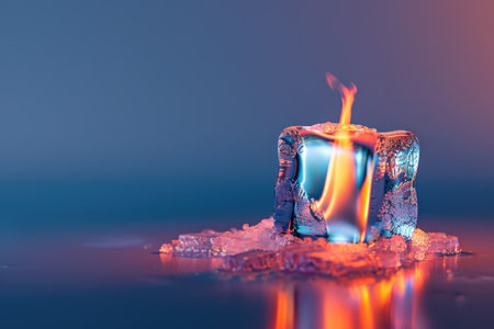 A cube of ice with a flame on top of it. The image has a surreal and dreamlike quality to it, with the ice and fire creating a sense of wonder and mystery with Generative AIの素材