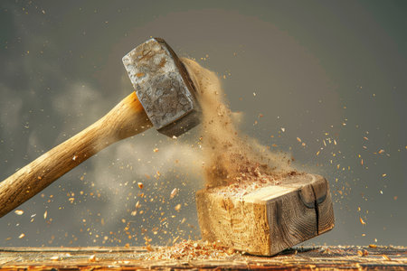 A hammer is shown in the air, with a pile of rubble below it. Concept of destruction and chaos, as the hammer strikes the pile of rubble, causing it to scatter and fall apart. The scene is dramatic with Generative AIの素材