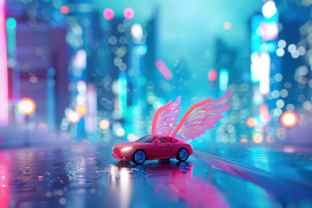 A car with wings on it is driving down a city street. The car is white and has a neon orange wing on the back. The city is lit up with bright lights, creating a futuristic and energetic atmosphere with Generative AIの素材