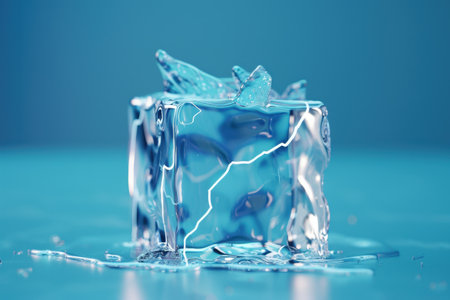A cube of ice with a blue hue and a purple background. The ice is cracked and has a lightning bolt design on it with Generative AIの素材