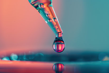 A droplet of liquid is falling from a glass tube into a blue body of water with Generative AIの素材