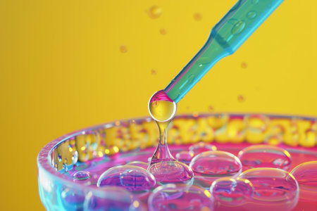 A droplet of liquid is falling into a glass of liquid. The liquid is a mixture of different colors, creating a rainbow effect. The droplet is small and clear, and it is falling from a green pipette with Generative AIの素材
