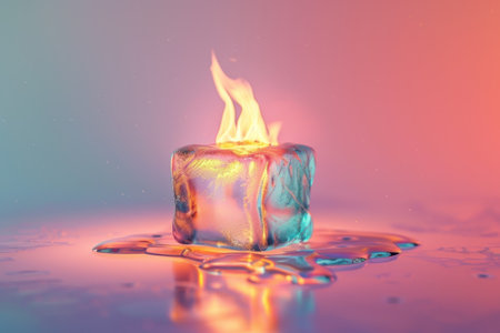 A cube of ice with a flame on top of it. The image has a surreal and dreamlike quality to it, with the ice and fire creating a sense of wonder and mystery with Generative AIの素材