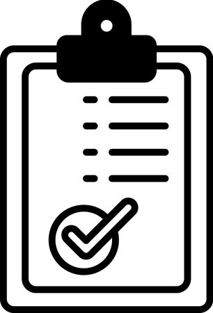 A clipboard with a check mark on it. The clipboard is black and whiteのイラスト素材